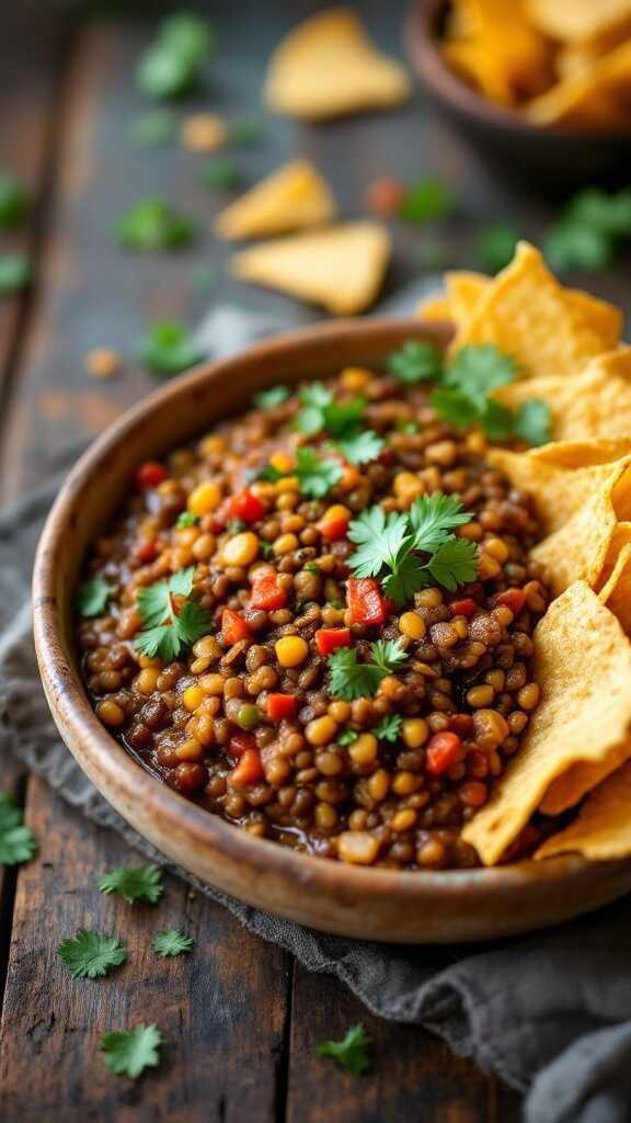 A bowl of refried lentils served with tortilla chips and garnished with cilantro.