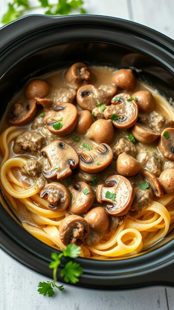 A delicious looking dish of beef and mushroom stroganoff served over noodles in a black crockpot.