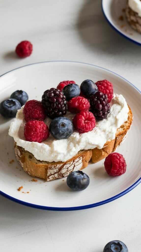 Delicious ricotta and berry toast topped with fresh strawberries, blueberries, raspberries, and mint leaves.