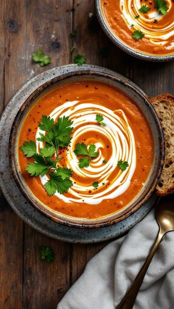 A bowl of creamy roast sweet potato and chipotle soup topped with cilantro.