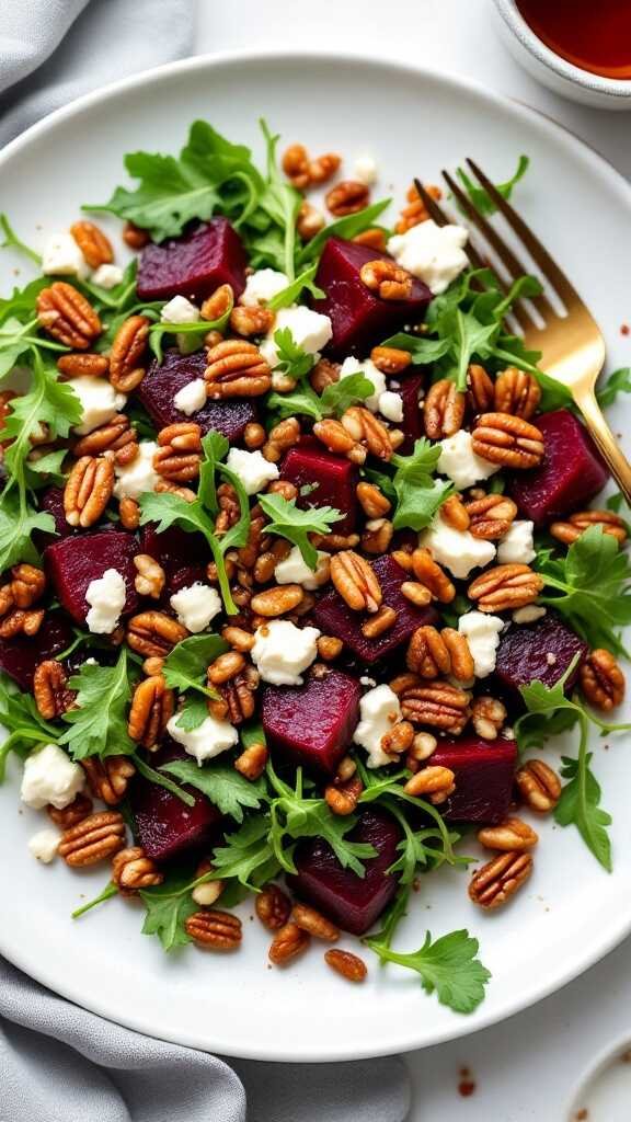 Roasted Beet and Goat Cheese Salad with pecans and greens