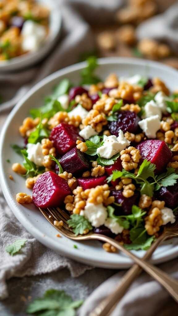 A vibrant roasted beet and goat cheese salad with grains and fresh herbs.