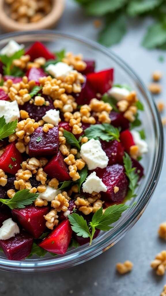 A colorful salad featuring roasted beets, goat cheese, toasted walnuts, and mixed greens.