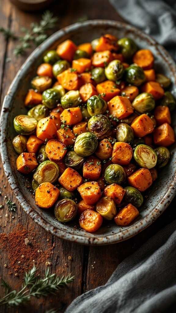 A dish of roasted Brussels sprouts and sweet potatoes seasoned and garnished with herbs.