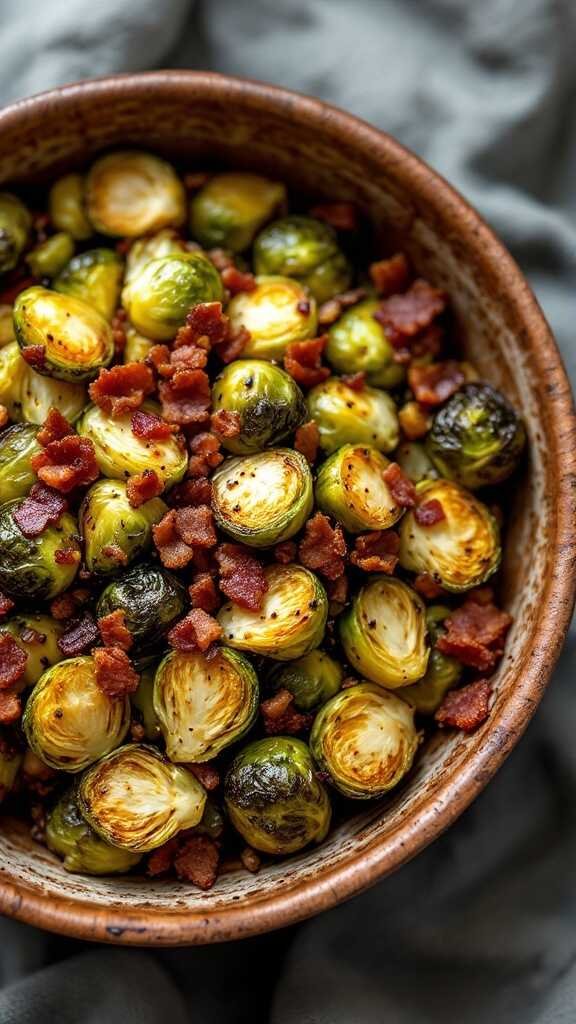 A bowl of roasted Brussels sprouts with crispy bacon pieces on top.