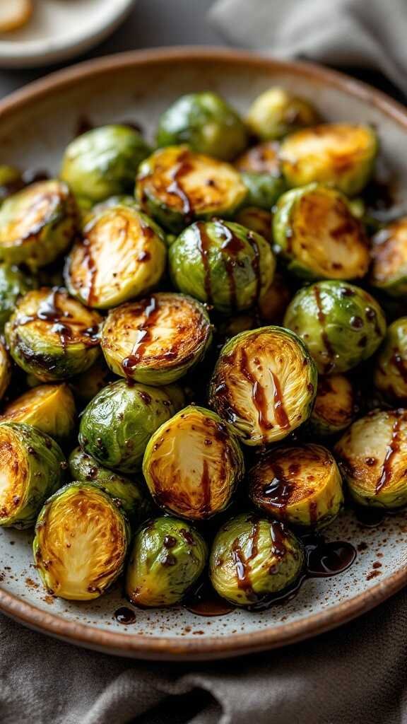 Plate of roasted Brussels sprouts drizzled with balsamic glaze.