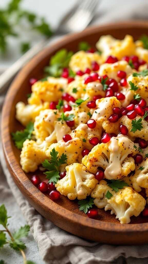 A vibrant roasted cauliflower salad with pomegranate seeds, garnished with fresh parsley.