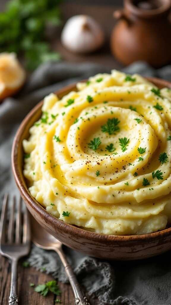 A bowl of creamy roasted garlic and herb mashed potatoes topped with fresh parsley.