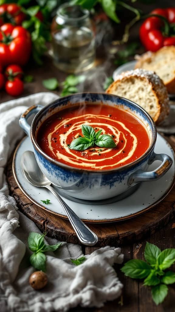 A warm bowl of roasted red pepper and tomato soup garnished with basil, served with bread.