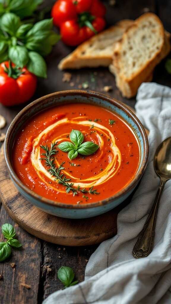 A bowl of roasted red pepper and tomato soup garnished with basil, served with bread.