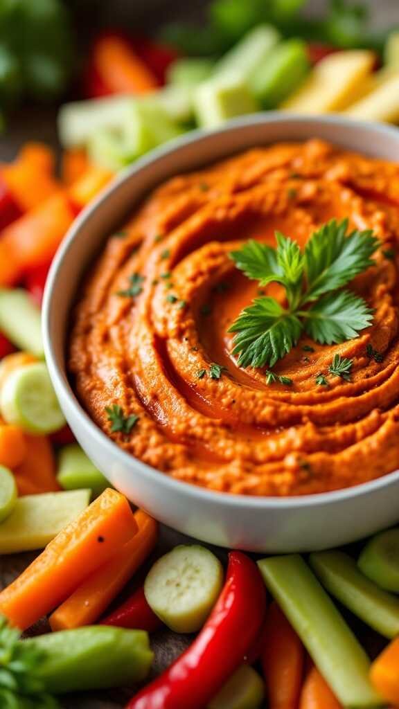 A bowl of roasted red pepper hummus surrounded by fresh vegetables