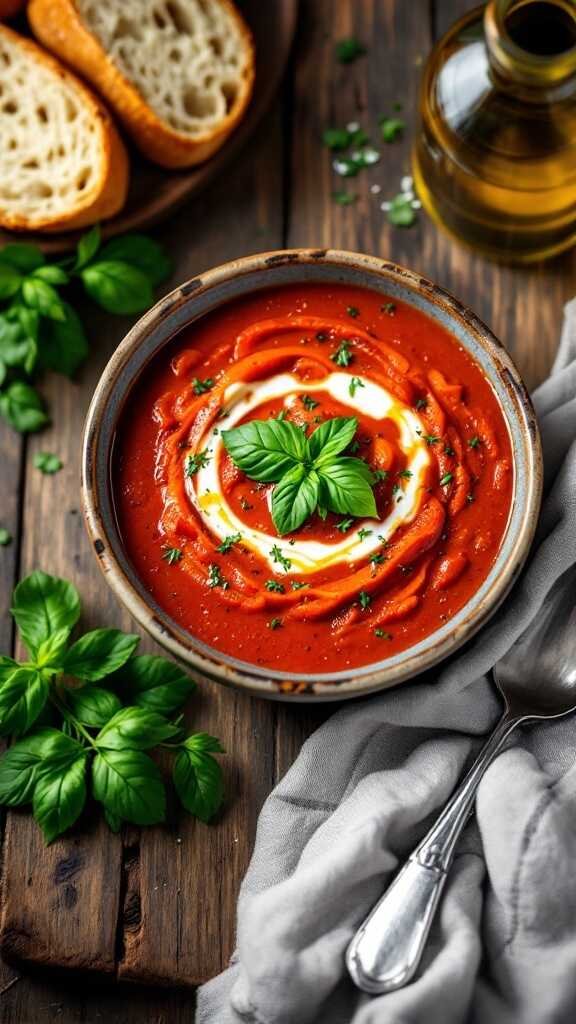 A bowl of roasted red pepper soup garnished with basil, surrounded by bread and olive oil.