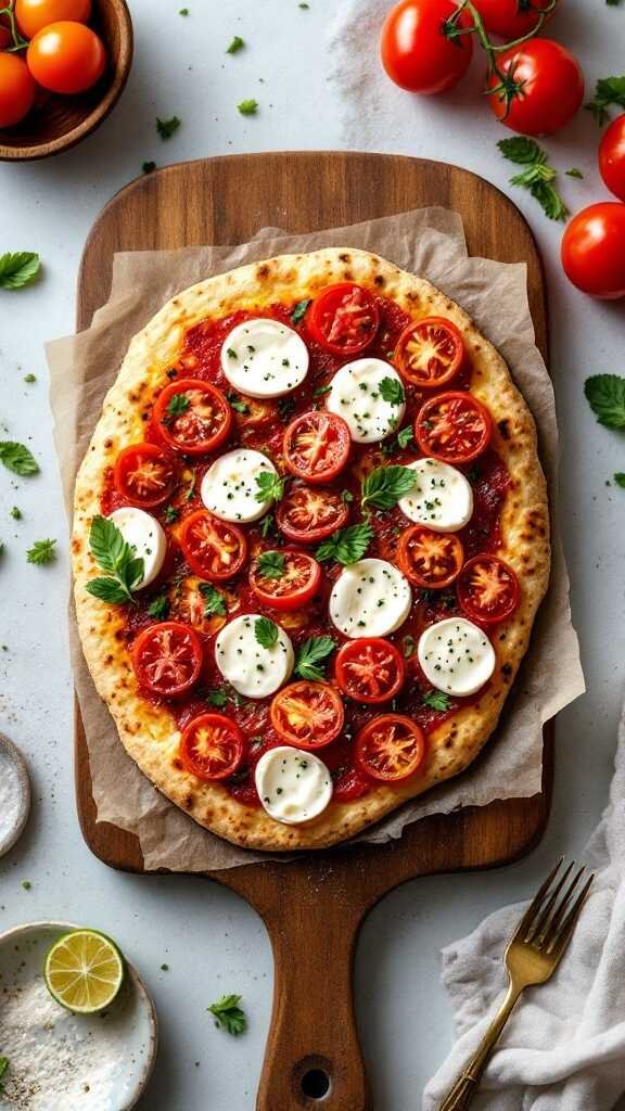 Roasted Tomato and Mozzarella Flatbread with fresh tomatoes and basil