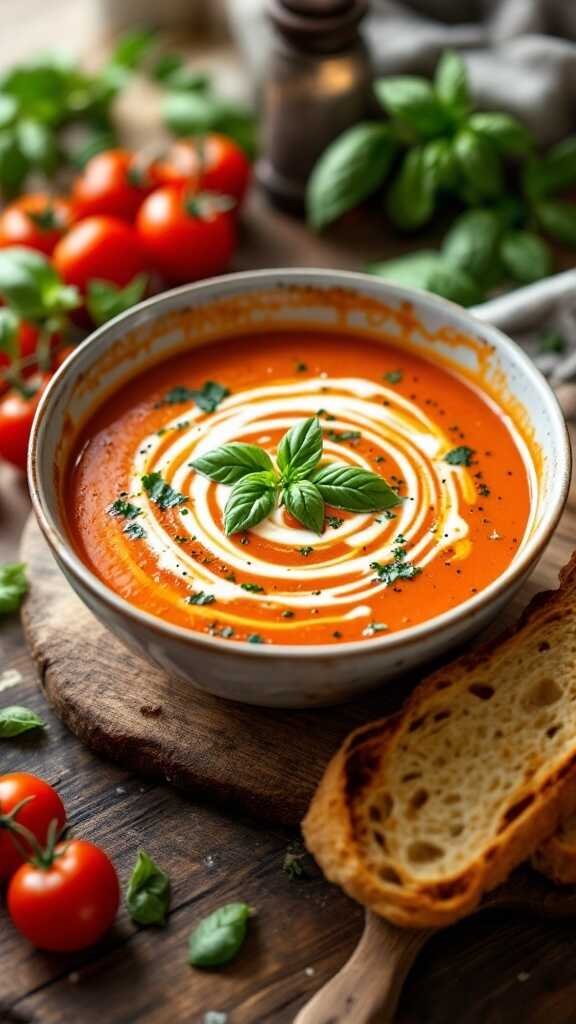 Bowl of roasted tomato soup with fresh basil and a slice of toasted bread