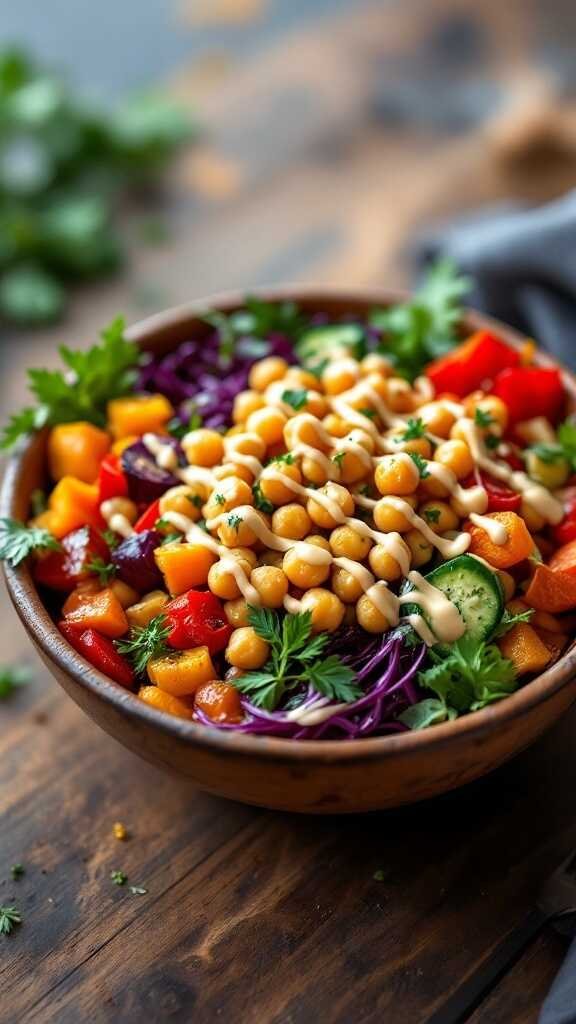 A delicious roasted vegetable and chickpea bowl with fresh greens and tahini dressing.