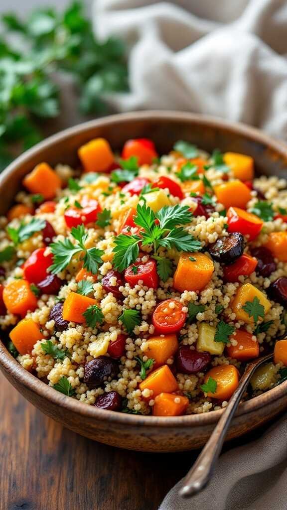 A vibrant roasted vegetable and quinoa salad in a bowl, showcasing colorful vegetables and garnished with fresh herbs.