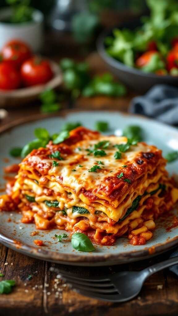 A delicious slice of roasted vegetable lasagna topped with herbs