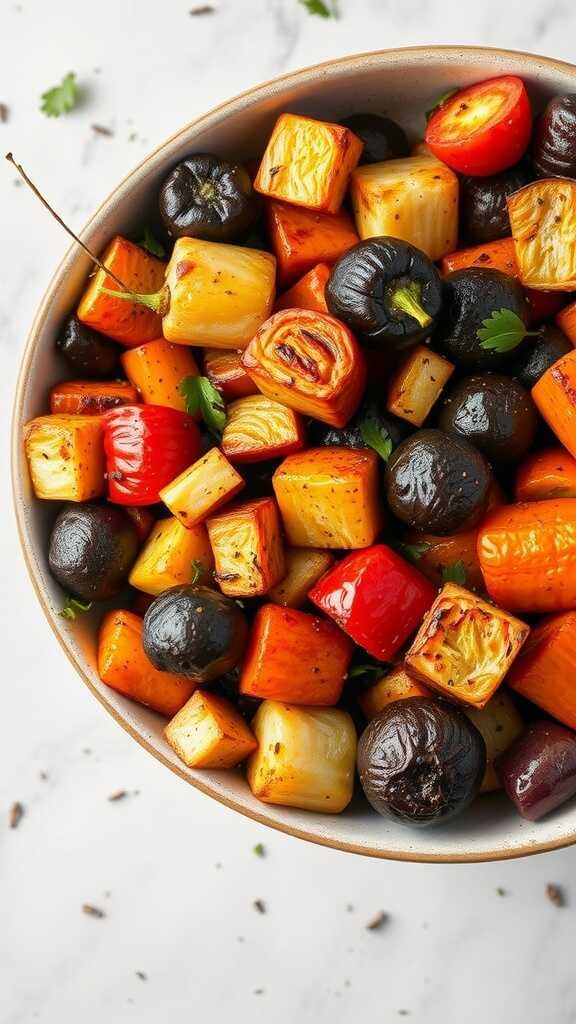 A colorful bowl of roasted vegetables including carrots, bell peppers, zucchini, and cherry tomatoes.