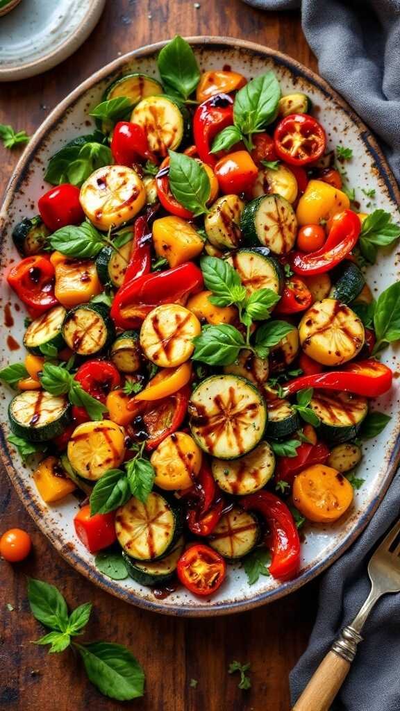 A colorful roasted vegetable salad with zucchini, bell peppers, cherry tomatoes, and fresh basil.