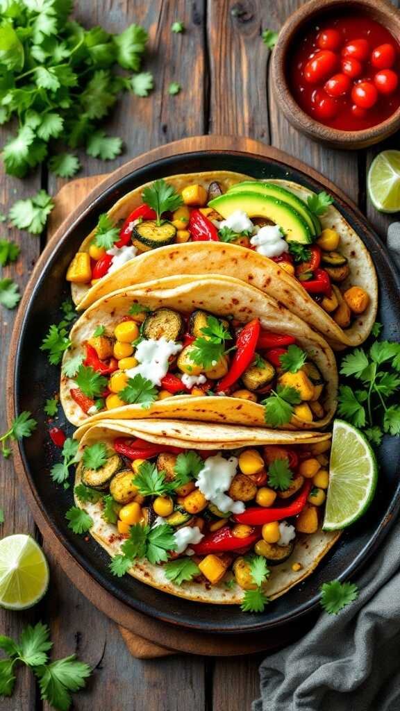 Delicious roasted vegetable tacos with toppings