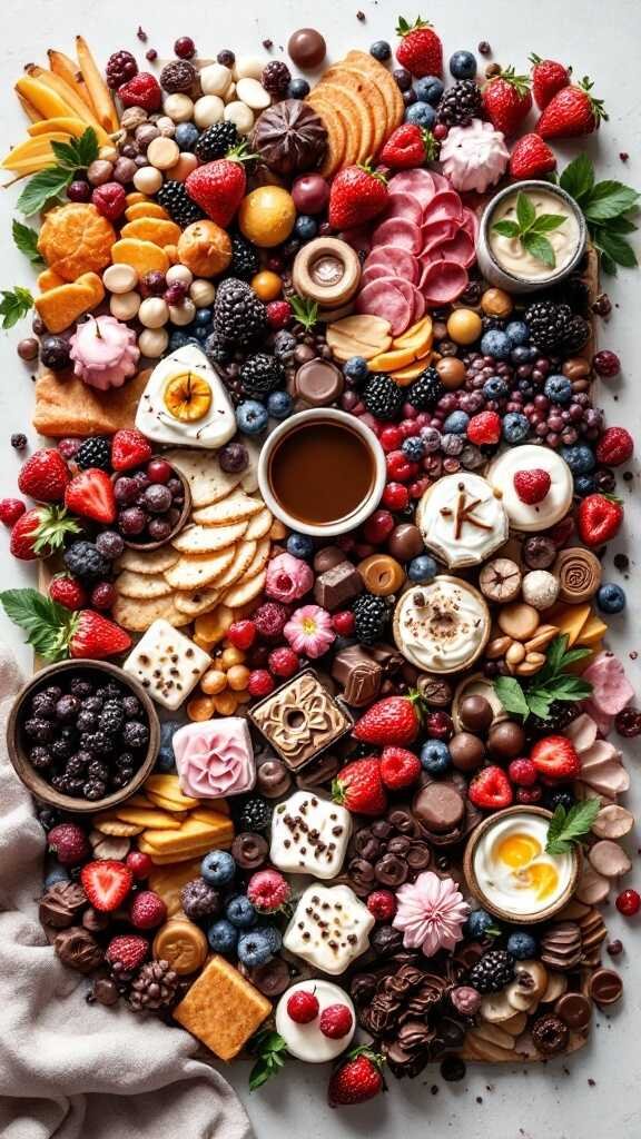 A beautifully arranged dessert charcuterie board featuring chocolates, fruits, and pastries.