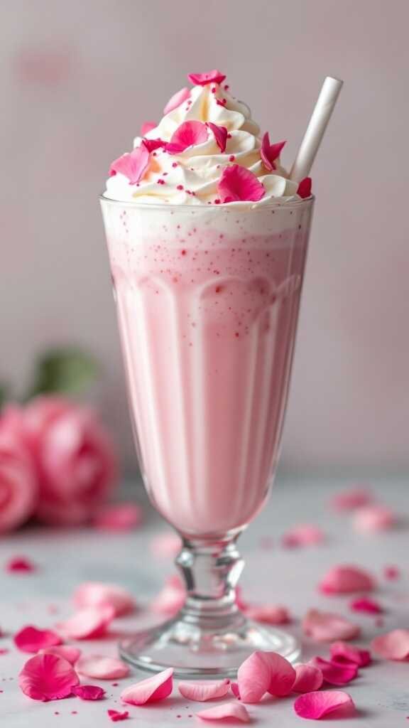 A rose petal infused milkshake topped with whipped cream and rose petals