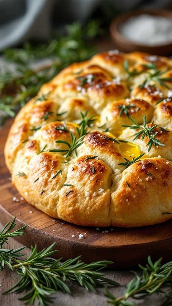 Delicious rosemary focaccia bread, golden and fluffy, on a wooden board.
