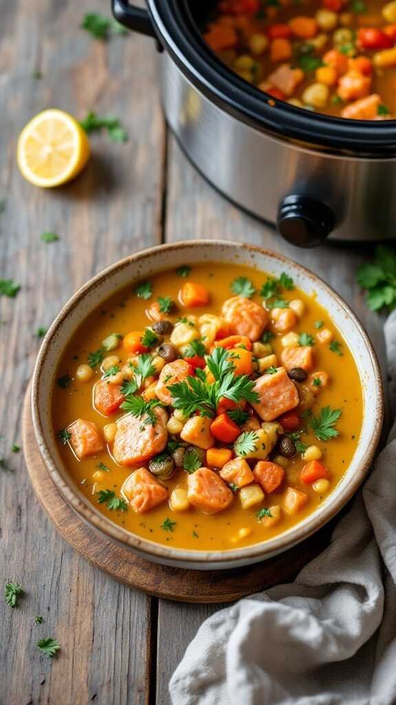 A bowl of salmon chowder with colorful low-carb vegetables garnished with parsley.