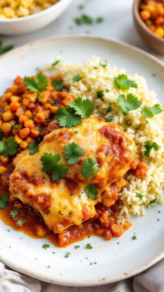 A plate of salsa and cheese chicken served with rice and corn.