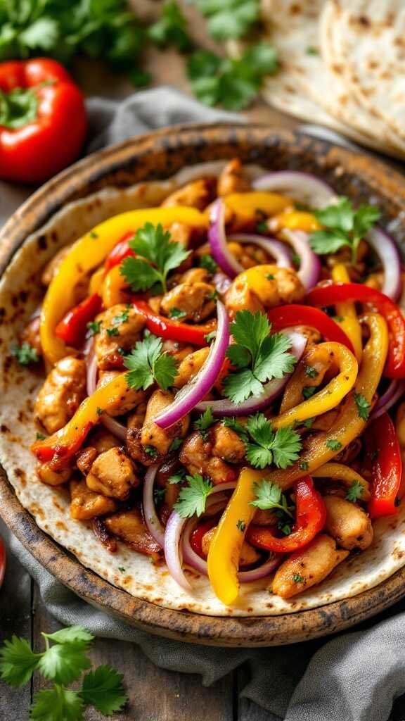 A colorful plate of salsa chicken fajitas with bell peppers, onions, and cilantro.