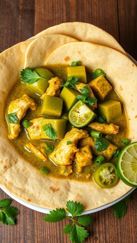 A bowl of salsa verde chicken served with tortillas.