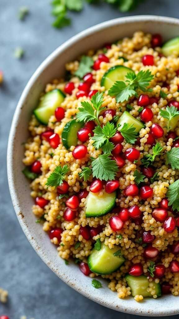 A colorful quinoa salad with pomegranate, cucumber, and fresh herbs.