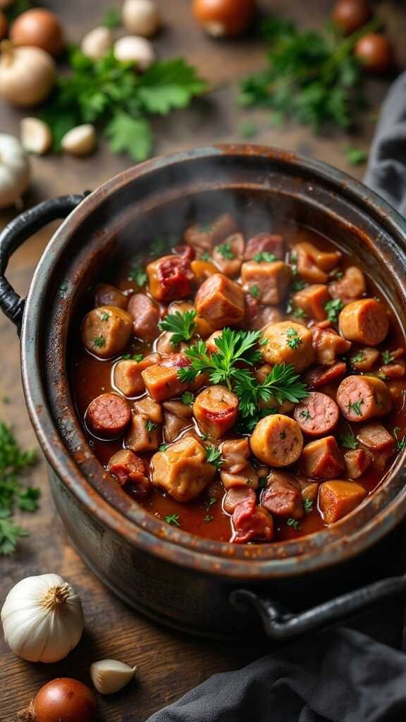 A hearty sausage and bacon stew in a crockpot, garnished with parsley.