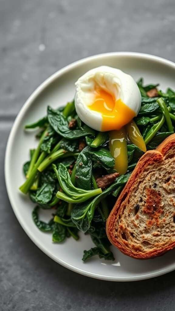 A plate of sautéed greens topped with a poached egg and a slice of whole-grain bread.