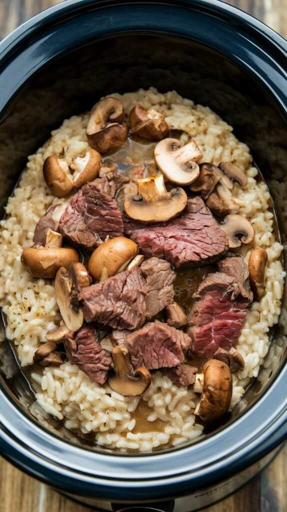 Savory beef and mushroom risotto in a black crockpot