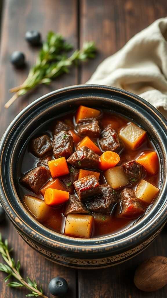 A bowl of savory beef stew with root vegetables, garnished with parsley.