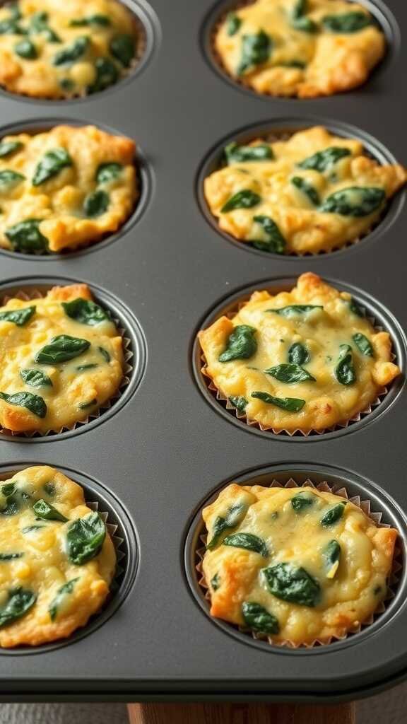 Savory breakfast muffins with spinach and cheese baked in a muffin tin.