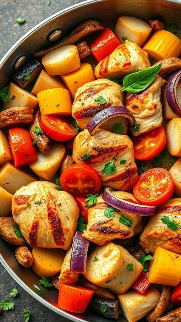 A colorful skillet with chicken and various vegetables