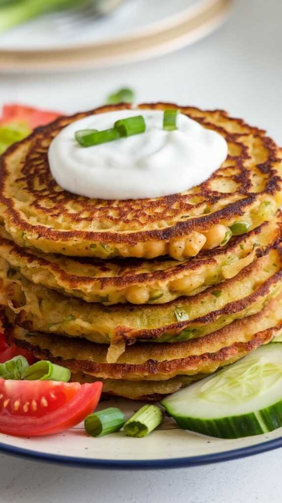 Savory chickpea flour pancakes topped with yogurt and herbs.