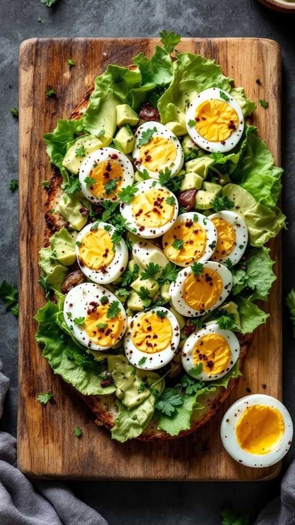 A vibrant egg salad with avocado on a cutting board, garnished with fresh herbs.