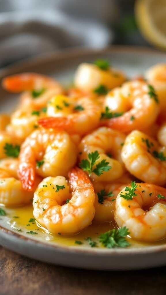 A plate of savory lemon butter shrimp garnished with parsley.