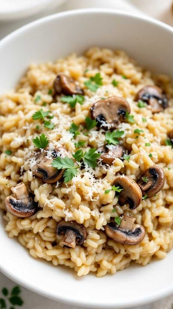 A delicious plate of mushroom risotto garnished with parsley and parmesan.