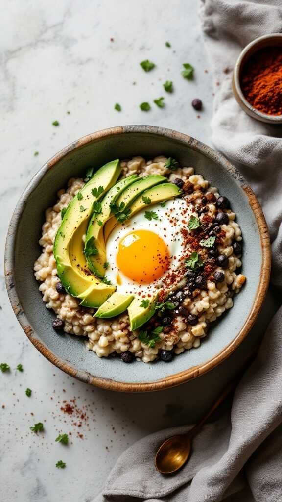 Savory oatmeal bowl with avocado, egg, and black beans.