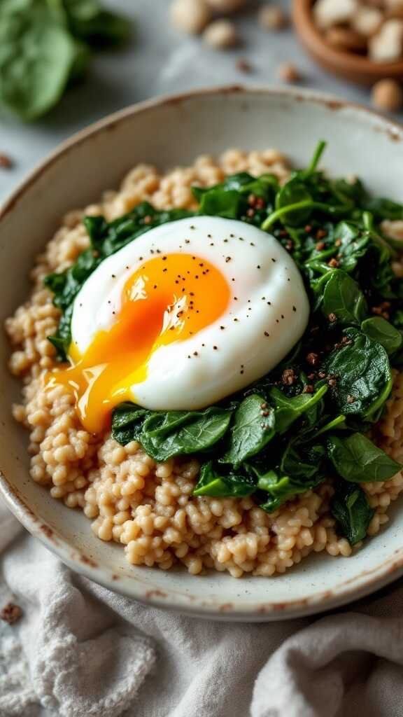 A bowl of savory oatmeal topped with spinach and a poached egg.