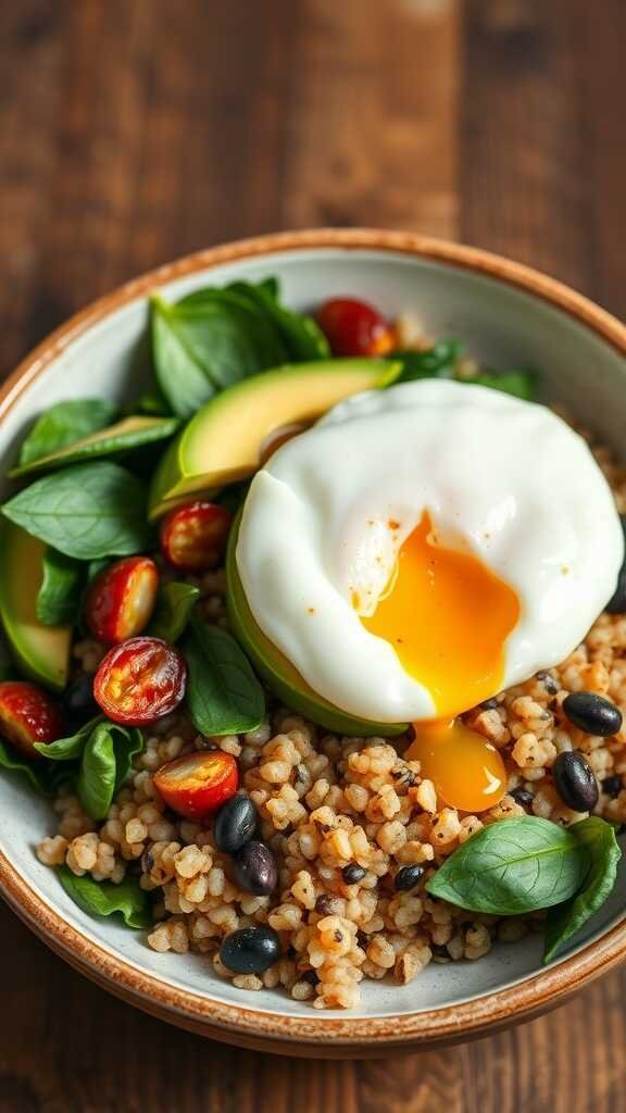 A savory quinoa breakfast bowl with spinach, cherry tomatoes, avocado, and a poached egg.