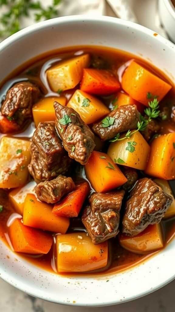 A bowl of savory slow-cooked beef stew with chunks of beef and vegetables.