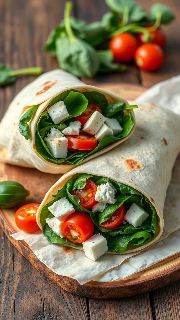 A delicious spinach and feta breakfast wrap with fresh vegetables