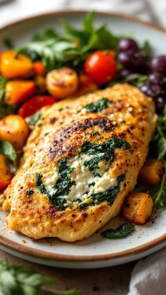 Savory spinach and feta stuffed chicken served with a colorful salad.