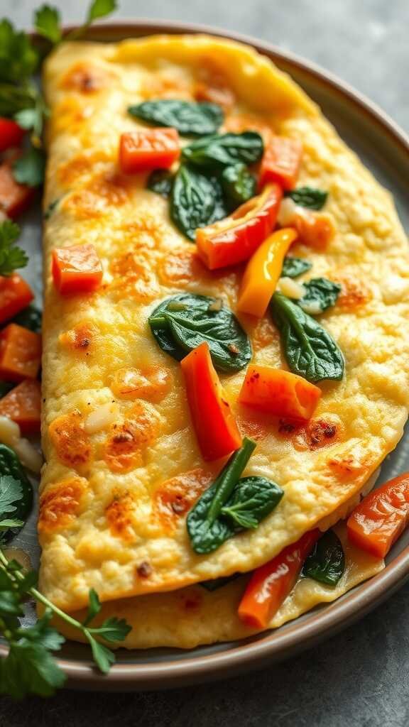 A savory vegetable omelette with spinach and bell peppers on a plate