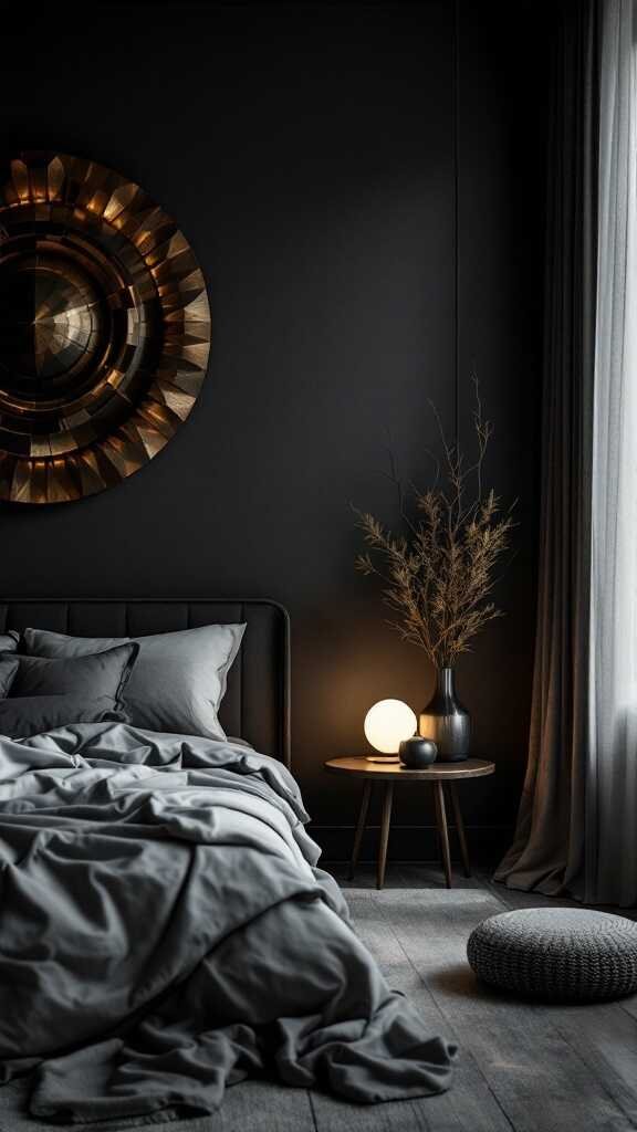 A dark bedroom featuring sculptural decor elements, including wall art, a cozy lamp, and decorative branches.